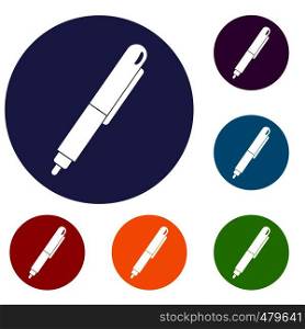 Marker pen icons set in flat circle red, blue and green color for web. Marker pen icons set