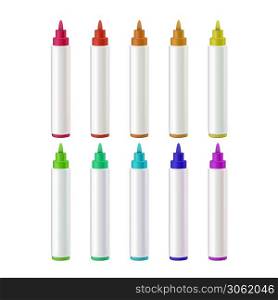 Marker Pens Stationery Accessories Set Vector. Multicolored Blank Marker Pencils Collection For Paint Or Writing. Vivid Painting Tools, Various Spectrum Palette. Layout Realistic 3d Illustrations. Marker Pens Stationery Accessories Set Vector