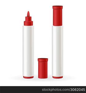 Marker Pens With Opened And Closed Cap Vector. Red Blank Marker Pencil For Paint Or Write. Painting Tool For Creativity. Artist Drawing Accessory Template Realistic 3d Illustration. Marker Pens With Opened And Closed Cap Vector
