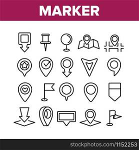 Marker Pointer Gps Map Collection Icons Set Vector Thin Line. Navigation, Direction, Location And Position Marker Pin And Flag Concept Linear Pictograms. Monochrome Contour Illustrations. Marker Pointer Gps Map Collection Icons Set Vector