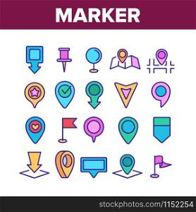 Marker Pointer Gps Map Collection Icons Set Vector Thin Line. Navigation, Direction, Location And Position Marker Pin And Flag Concept Linear Pictograms. Color Contour Illustrations. Marker Pointer Gps Map Collection Icons Set Vector