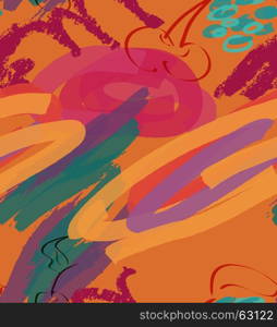 Marker rough strokes and cherry on orange.Creative abstract colorful seamless pattern. Tribal ethnic motives. Universal bright background for greeting cards, invitations. Had drawn ink and marker texture.