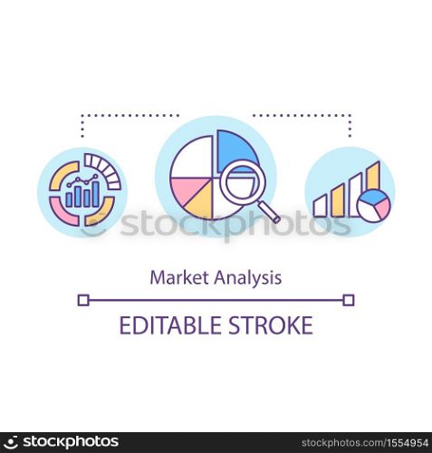 Market analysis concept icon. Business research. Commercial report. Financial graph. Product management idea thin line illustration. Vector isolated outline RGB color drawing. Editable stroke. Market analysis concept icon