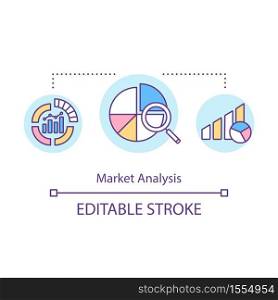 Market analysis concept icon. Business research. Commercial report. Financial graph. Product management idea thin line illustration. Vector isolated outline RGB color drawing. Editable stroke. Market analysis concept icon