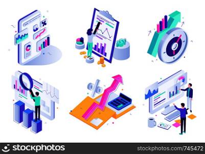 Market analytic report. Financial audit, marketing strategy review and finance business statistic. Social traffic management specialist, strategy audit isometric 3D vector icons illustration set. Market analytic report. Financial audit, marketing strategy review and finance business statistic isometric 3D vector illustration set