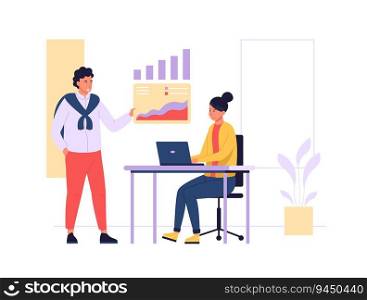 Market analytics. Woman employee sitting at desk with laptop, man worker showing data analytics. Financial management, presenter showing project. People at workplace vector illustration. Market analytics. Woman employee sitting at desk with laptop, man worker showing data analytics. Financial management