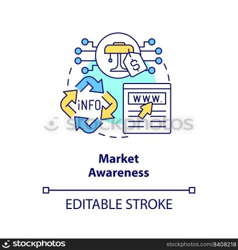 Market awareness concept icon. Website content type abstract idea thin line illustration. Recognition of product, service. Isolated outline drawing. Editable stroke. Arial, Myriad Pro-Bold fonts used. Market awareness concept icon