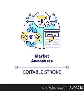 Market awareness concept icon. Website content type abstract idea thin line illustration. Recognition of product, service. Isolated outline drawing. Editable stroke. Arial, Myriad Pro-Bold fonts used. Market awareness concept icon
