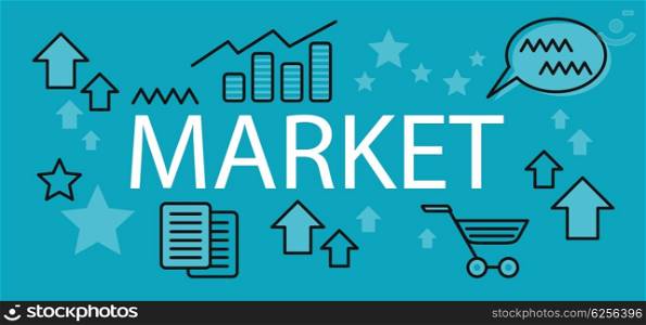 Market Business Concept Banner. Market business concept banner. Background with element or icon on finance market. Elements signs and symbols for finance market. Charts and graphs of growth arrows and documents. Vector illustration