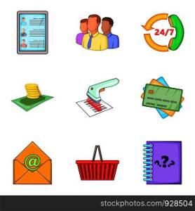 Market client support icon set. Cartoon set of 9 market client support vector icons for web design isolated on white background. Market client support icon set, cartoon style