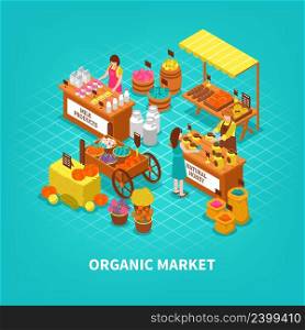 Market concept with fresh natural local growing organic products trade fair with people characters at counters vector illustration. Agriculture Market Isometric Composition