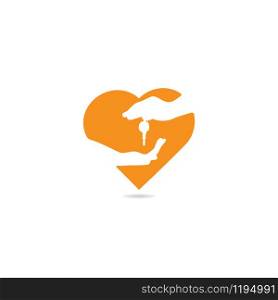 Market deal with heart shape logo design. Hand giving key to another hand vector logo.