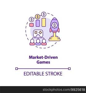 Market driven games concept icon. Video games types. Creating product to earn money. Increasing budget idea thin line illustration. Vector isolated outline RGB color drawing. Editable stroke. Market driven games concept icon