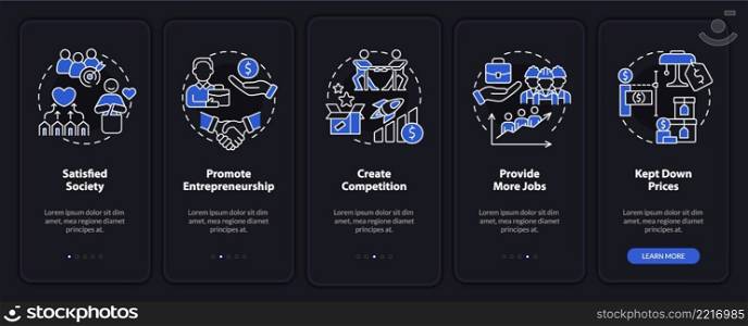 Market economy advantages night mode onboarding mobile app screen. Walkthrough 5 steps graphic instructions pages with linear concepts. UI, UX, GUI template. Myriad Pro-Bold, Regular fonts used. Market economy advantages night mode onboarding mobile app screen