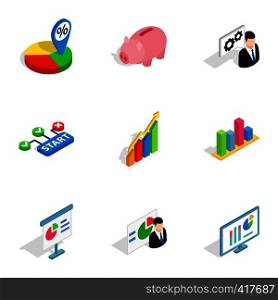 Market elements icons set. Isometric 3d illustration of 9 market elements vector icons for web. Market elements icons, isometric 3d style
