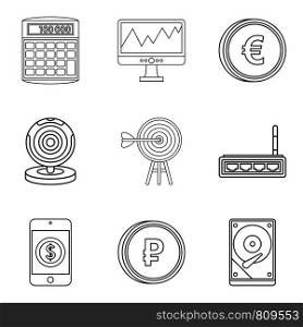 Market evaluation icons set. Outline set of 9 market evaluation vector icons for web isolated on white background. Market evaluation icons set, outline style