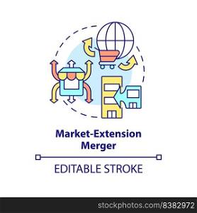 Market extension merger concept icon. Same products, different markets. Merger type abstract idea thin line illustration. Isolated outline drawing. Editable stroke. Arial, Myriad Pro-Bold fonts used. Market extension merger concept icon