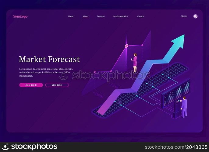 Market forecast banner. Economy analysis, financial strategy, research business opportunities. Vector landing page with isometric illustration of charts, growth graph and people. Market forecast, finance analysis and strategy
