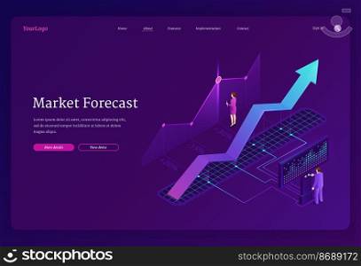 Market forecast banner. Economy analysis, financial strategy, research business opportunities. Vector landing page with isometric illustration of charts, growth graph and people. Market forecast, finance analysis and strategy