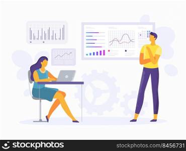 Market forecast. Employees analyzing data, woman sitting at desk with laptop, man looking at graph with tendencies. Report with statistics information, economic analysis vector illustration. Market forecast. Employees analyzing data, woman sitting at desk with laptop, man looking at graph with tendencies