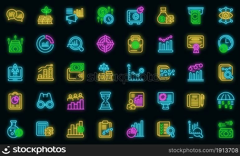 Market forecast icons set. Outline set of market forecast vector icons neon color on black. Market forecast icons set vector neon
