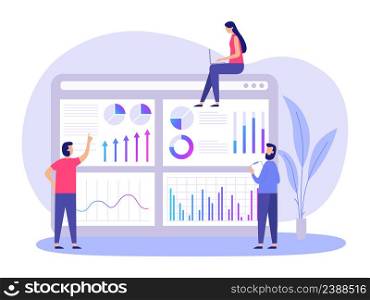 Market forecast, people analysing info chart and diagrams. Vector graphic and predict information by graph, infographic for research illustration. Market forecast, people analysing info chart and diagrams