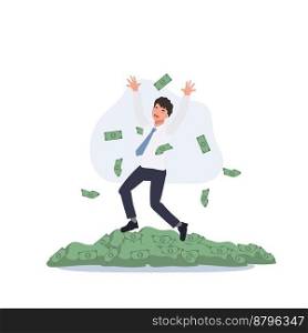 Market growth and financing concept. Businessman jumps over money banknote. Celebrating successful. investment advertising. Flat vector cartoon illustration  