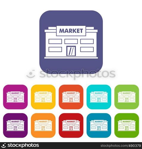 Market icons set vector illustration in flat style in colors red, blue, green, and other. Market icons set