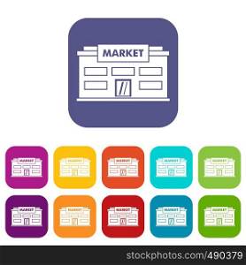 Market icons set vector illustration in flat style in colors red, blue, green, and other. Market icons set