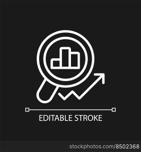Market monitoring pixel perfect white linear icon for dark theme. Revenue growth. Financial data analysis. Thin line illustration. Isolated symbol for night mode. Editable stroke. Arial font used. Market monitoring pixel perfect white linear icon for dark theme