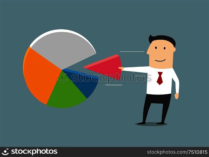 Market or profit share cartoon concept design. Smiling businessman taking away a part of pie chart. Businessman taking away a piece of market pie