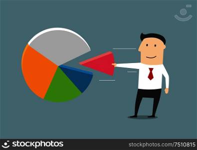 Market or profit share cartoon concept design. Smiling businessman taking away a part of pie chart. Businessman taking away a piece of market pie