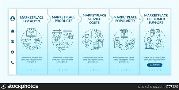 Market place choice parameters onboarding vector template. Responsive mobile website with icons. Web page walkthrough 5 step screens. Customer support, location color concept with linear illustrations. Market place choice parameters onboarding vector template