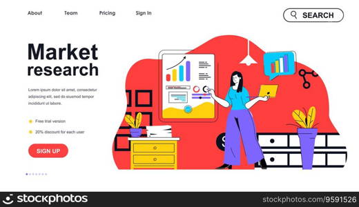 Market research concept for landing page template. Woman analyst analyzing data. Business statistics, financial analytics people scene. Vector illustration with flat character design for web banner