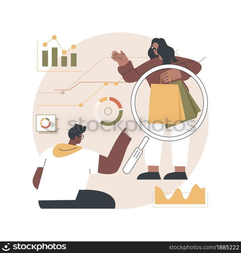 Market research studies abstract concept vector illustration. Explore new market segment, product testing, customers needs research, brand management studies, paid focus group abstract metaphor.. Market research studies abstract concept vector illustration.