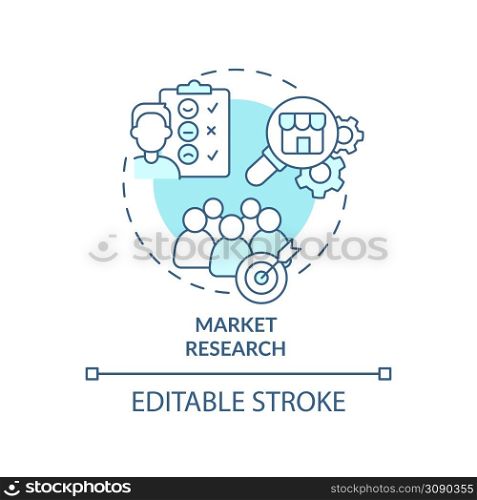 Market research turquoise concept icon. Audience analysing. Service of PR firm abstract idea thin line illustration. Isolated outline drawing. Editable stroke. Arial, Myriad Pro-Bold fonts used. Market research turquoise concept icon