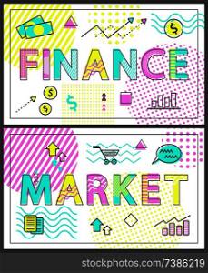Market selling production of business companies, finance dealing with corporations money funds, posters collection and icons set vector illustration. Market and Finance Collection Vector Illustration