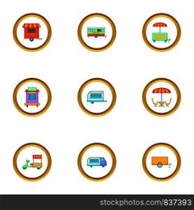 Market stall icons set. Cartoon style set of 9 market stall vector icons for web design. Market stall icons set, cartoon style