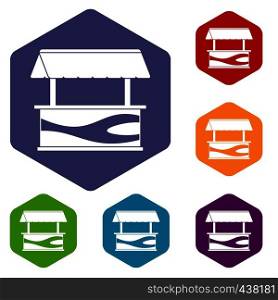 Market stall with awning icons set hexagon isolated vector illustration. Market stall with awning icons set hexagon