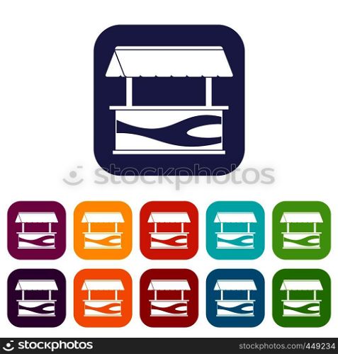 Market stall with awning icons set vector illustration in flat style In colors red, blue, green and other. Market stall with awning icons set flat