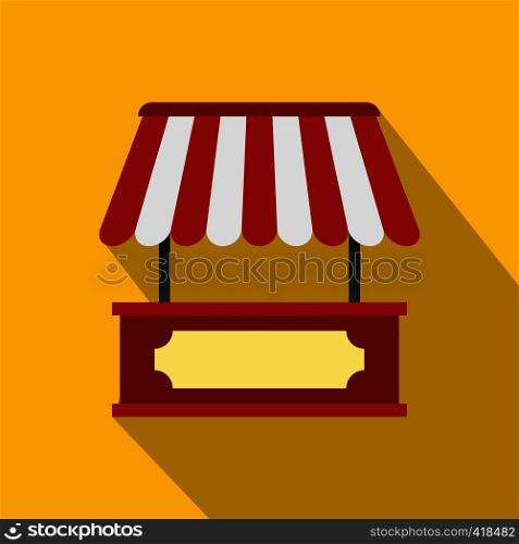 Market stall with red and white awning icon. Flat illustration of market stall with red and white awning vector icon for web isolated on yellow background. Market stall with red and white awning icon