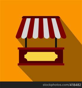 Market stall with red and white awning icon. Flat illustration of market stall with red and white awning vector icon for web isolated on yellow background. Market stall with red and white awning icon