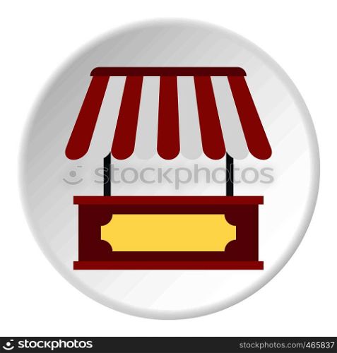 Market stall with red and white awning icon in flat circle isolated on white vector illustration for web. Market stall with red and white awning icon circle