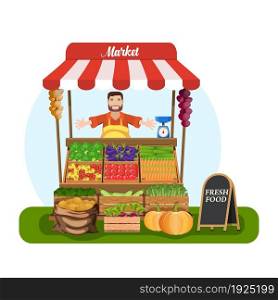 Market stall with salesman trading vegetables. Grocery retail theme. promote healthy eating concept. Food market. illustration in flat style. Market stall with salesman trading vegetables.
