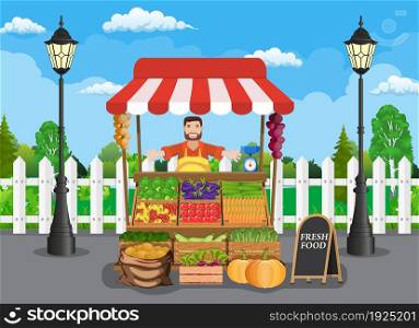 Market stall with salesman trading vegetables. Grocery retail theme. promote healthy eating concept. Food market. illustration in flat style. Traditional wooden market food stall