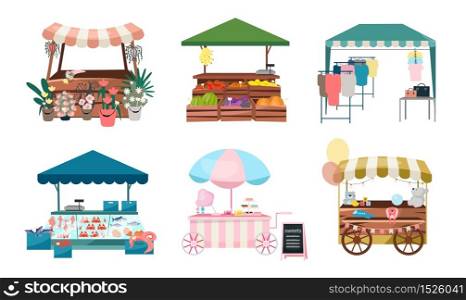 Market stalls flat vector illustrations set. Fair, funfair trade tents, outdoor kiosks and carts. Street shopping places cartoon concepts. Summer market counters for flowers, vegetables, clothes goods