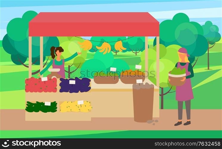 Market store vector, woman with organic products on boxes and shelves. Buyer of veggies, cucumber and aubergine, summer harvest client customer market in park. Festival market with street shop. Woman Seller with Vegetables in Boxes Marketplace
