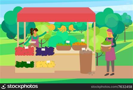 Market store vector, woman with organic products on boxes and shelves. Buyer of veggies, cucumber and aubergine, summer harvest client customer market in park. Festival market with street shop. Woman Seller with Vegetables in Boxes Marketplace