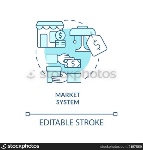 Market system turquoise concept icon. Free enterprise. Economic systems types abstract idea thin line illustration. Isolated outline drawing. Editable stroke. Arial, Myriad Pro-Bold fonts used. Market system turquoise concept icon