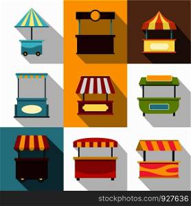 Market tent icon set. Flat style set of 9 market tent vector icons for web design. Market tent icon set, flat style